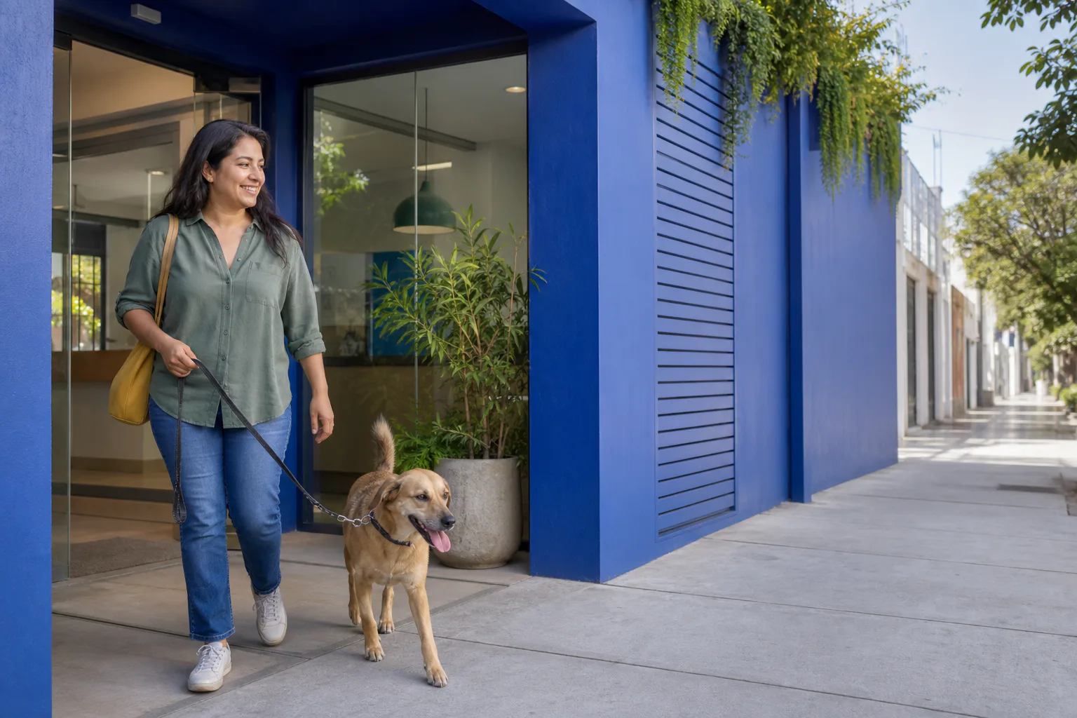 Persona llegando con su perro a una clínica veterinaria de barrio