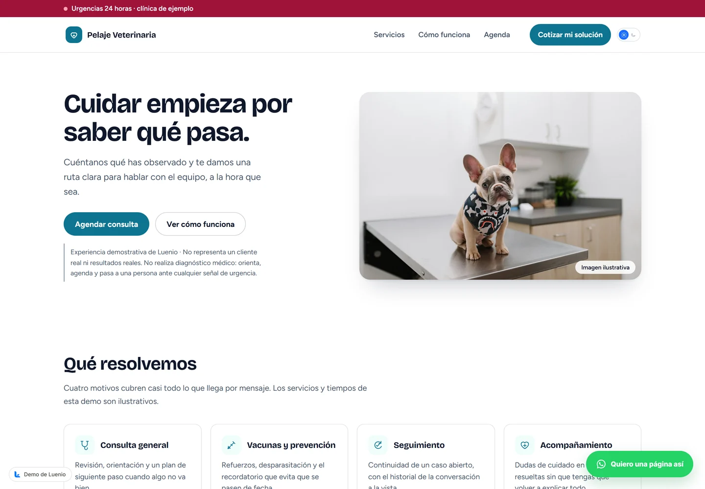 Captura de la demo ficticia para veterinarias
